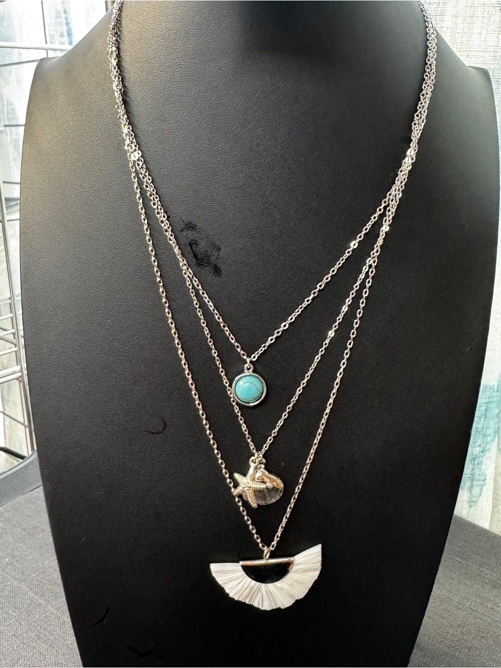 Lane Bryant Silver Multi-Layer Turquoise and White Tassel Necklace